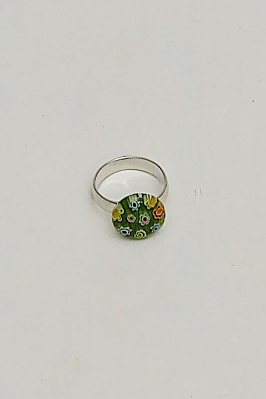 Silver-Tone Adjustable Dome Glass Ring (Green)