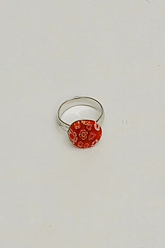 Silver-Tone Adjustable Dome Glass Ring (Red)