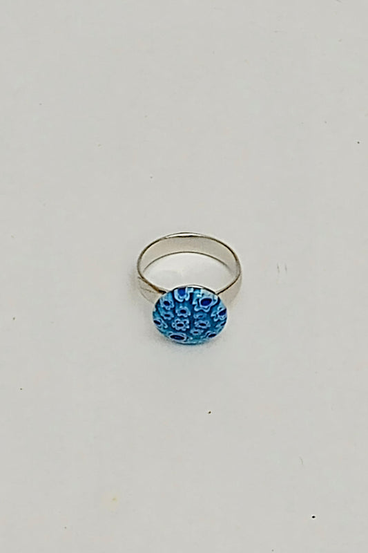 Silver-Tone Adjustable Dome Glass Ring (Blue)