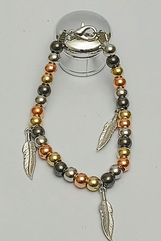 Metal-Like Bead W/ Feather Accents Bracelet