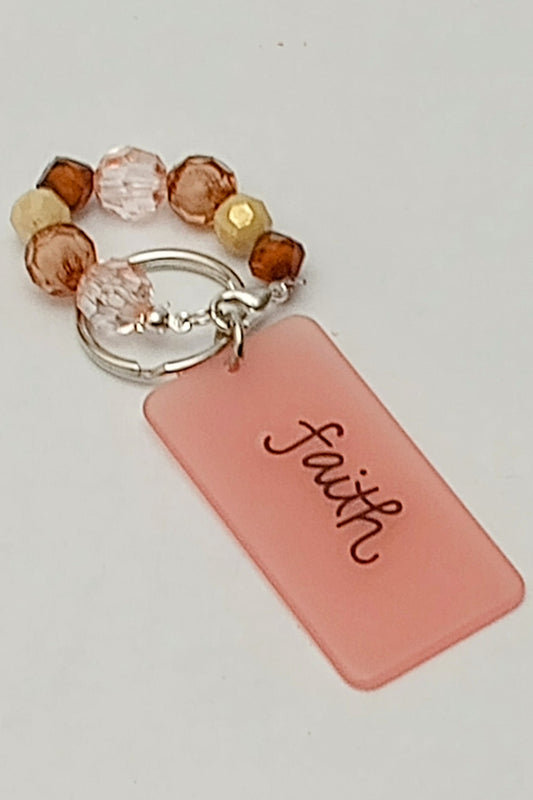 Amber/White Glass & Faith Tag Finger Spinner Key Chain