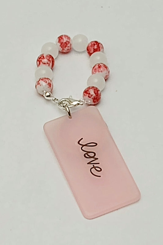 Pink/White Glass & Love Tag Finger Spinner Key Chain