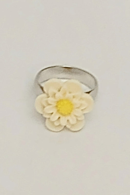 Silver-Tone Adjustable Flower Ring (White)